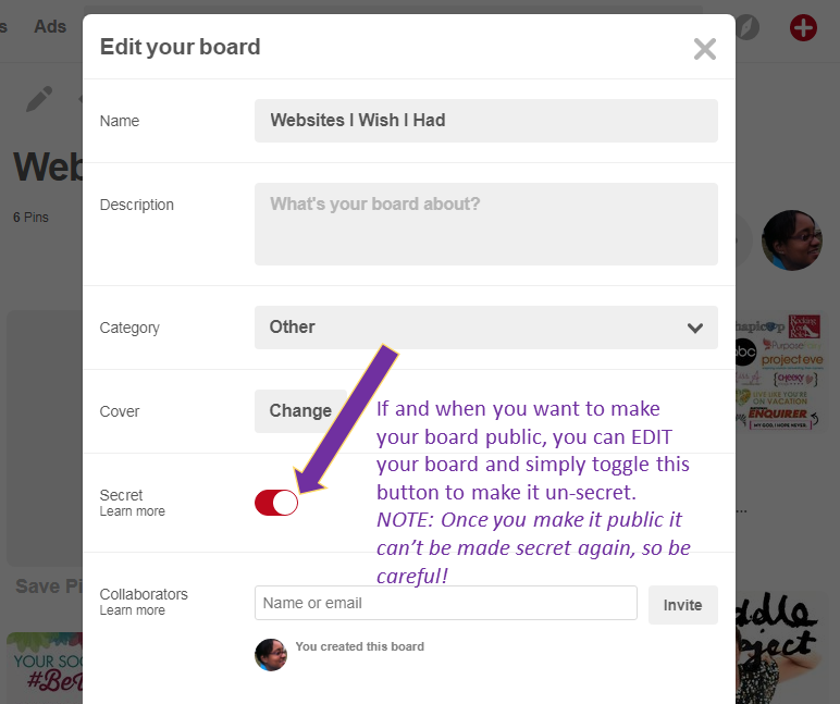 How to create a secret Pinterest board step 3